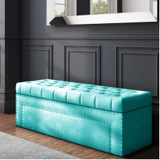 R&M Furnishers Duke Ottoman Storage Box - Plush Velvet Ottoman with Matching Fabric Buttons - Ottoman Footstool with Storage - Chesterfield Padded Coffee Table - End of Bed