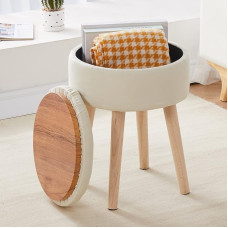 Mxfurhawa Storage Ottoman Linen Round Makeup Stool Tray Modern Footstool with Wooden Legs Multifunctional Padded Footstool for Living Room Bathroom Makeup (White)