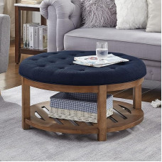 24KF Großer runder gepolsterter getufteter Leinen-Ottomane, Couchtisch, große Fußstütze, Ottomane mit Holzregal, Marineblau