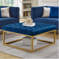 24KF Middle Century Upholstered Tufted Coffee Table with Velvet Padded Seat, Large Square Ottoman with Gold Metal Frame, Navy Blue