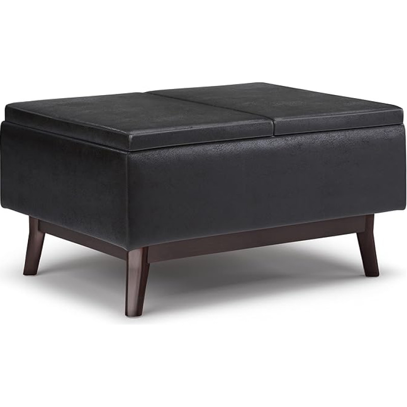SIMPLIHOME Owen Owen Ottoman with Square Tray and Storage Space Cocktail Footrest Stool in Padded Black Faux Leather Mid Century Modern
