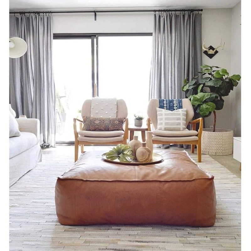 Large Square Leather Pouf - Handmade Natural Cowhide Moroccan Style Living Room Ottoman (Cover Only, 40