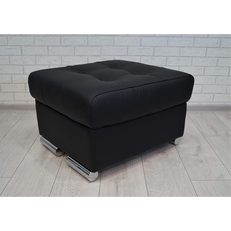 Quattro Meble Black Real Leather Pik Folding Stool with Storage Space Stool Cowhide Seat Cube 60 x 55 cm Footstool Upholstered Stool Real Leather Puff