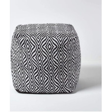 Homescapes Trance Cube Seat 40 x 40 cm, Black and White Pouf with Ethnic Pattern, Cube Stool Handmade with Cover Made of Recycled Fibres