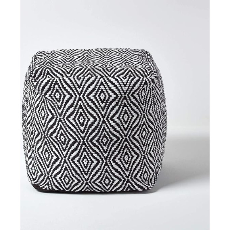 Homescapes Trance Cube Seat 40 x 40 cm, Black and White Pouf with Ethnic Pattern, Cube Stool Handmade with Cover Made of Recycled Fibres