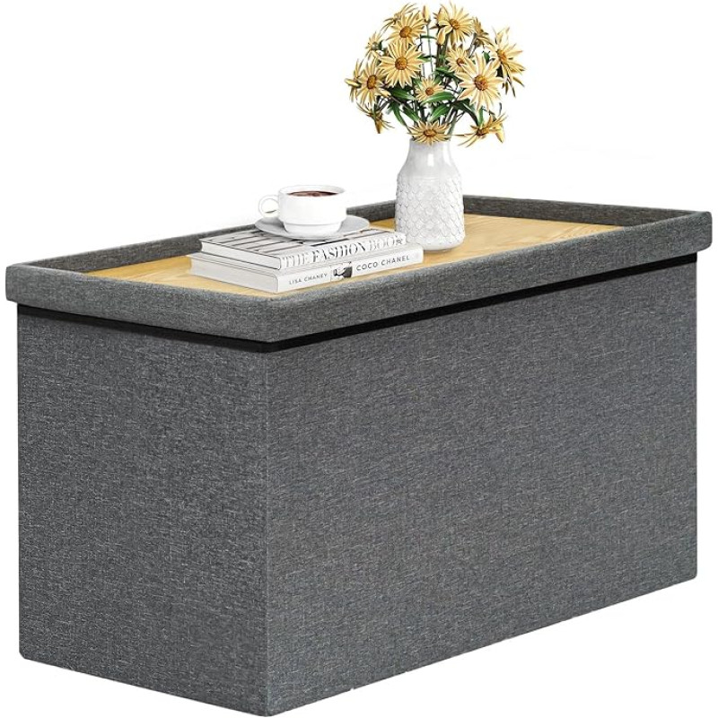 B FSOBEIIALEO Storage Ottoman with Tray, Linen Coffee Table, Collapsible, Long, 76.2 x 40 x 38.1 cm, Dark Grey
