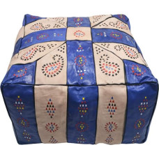 Natural Leather Square Egyptian Bean Bag Handmade in Cairo by Master Craftsmen in Leather, Beige and Blue, Cuadrado