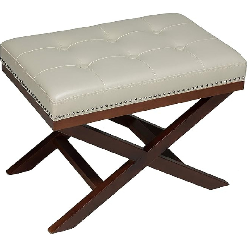 Cortesi Home Kayla Traditional XBench Vinyl Ottoman with Nail Head Decoration, Cream