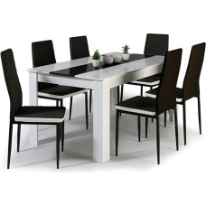 IDMarket - Gruusia 140cm must-valge söögitooli komplekt 6 musta rooma tooliga valge äärisega