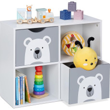 Relaxdays Bear laste riiul, 2 sahtlit, 2 avatud sektsiooni, K x L x S: 48 x 60 x 24,5 cm, laste raamaturiiul, valge/hall