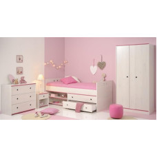 trend-moebel Lastetuba 4-osaline komplekt Täielik garderoobikapp 2 uksega voodi 90 x 200 cm kapp pöörlevate servadega roosa / sinine