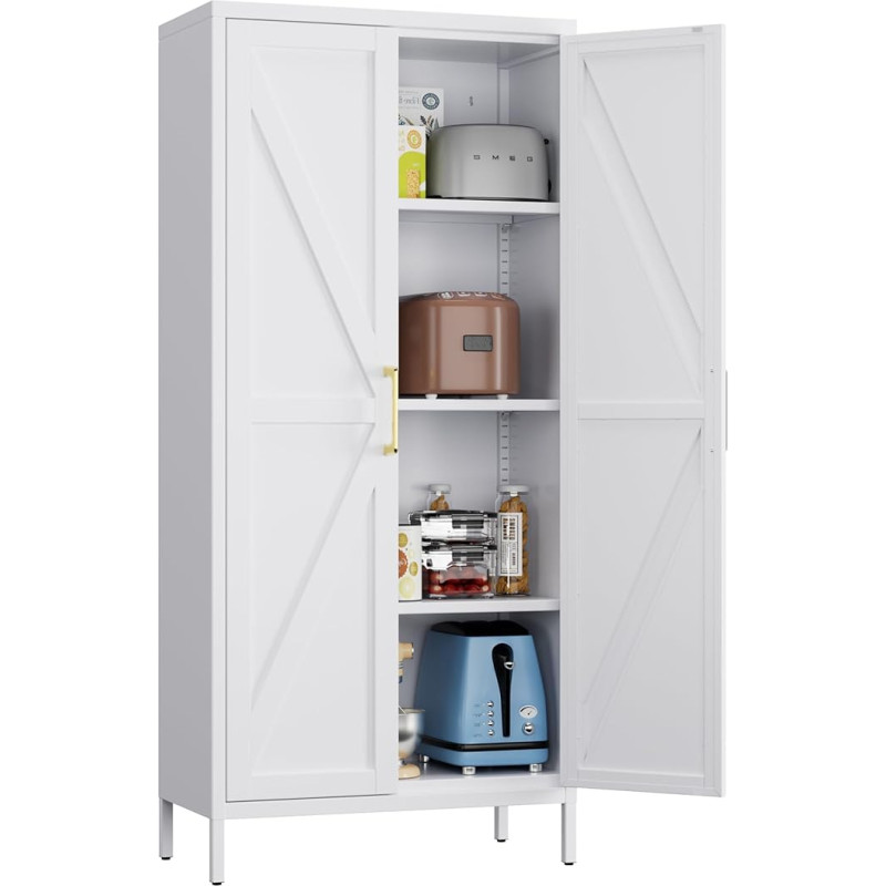 SUPEER metallkapp, mitmeotstarbeline kapi, 3 reguleeritava riiuliga seisev kapp, köögikapp, külgkapp, buffetkapp elutuppa, esikusse, 155 x 75 x 35 cm (valge)