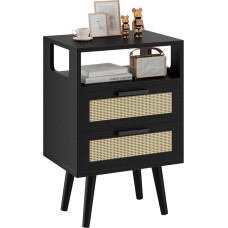 YMYNY rotangist öölaud 2 sahtliga, küljelaud, boho öökapp, avatud riiul, täispuidust jalad, diivanilaud, kohvilaud elutuppa, kontorisse, magamistuppa, must HST015B