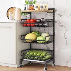 COVAODQ Vegetable Shelf for Kitchen, Stackable Fruit Basket, Vegetables, Storage Trolley, Kitchen Trolley with Lockable Wheels and Wooden Plate, for Bathroom, Kitchen, Office, Towels (Plank)
