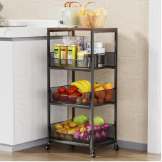 HapiRm Vegetable Trolley Fruit Rack Kitchen Vegetable Rack - 4-Tier Fruit Basket Kitchen Trolley with Wheels, Fruit Trolley for Kitchen with Wooden Top, Fruit Vegetable Storage for Potato, Onion