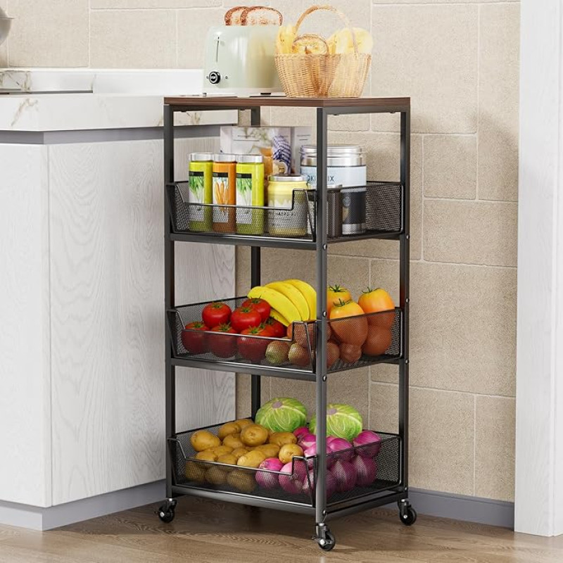 HapiRm Vegetable Trolley Fruit Rack Kitchen Vegetable Rack - 4-Tier Fruit Basket Kitchen Trolley with Wheels, Fruit Trolley for Kitchen with Wooden Top, Fruit Vegetable Storage for Potato, Onion