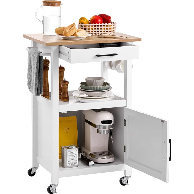 VEVOR Kitchen Island Cart with Single Door Cabinet, Mobile Cart with Drawer & Towel Rail & Hooks, Portable Table on Castors, Small Coffee Islands, Microwave Stand for Dining Room, White