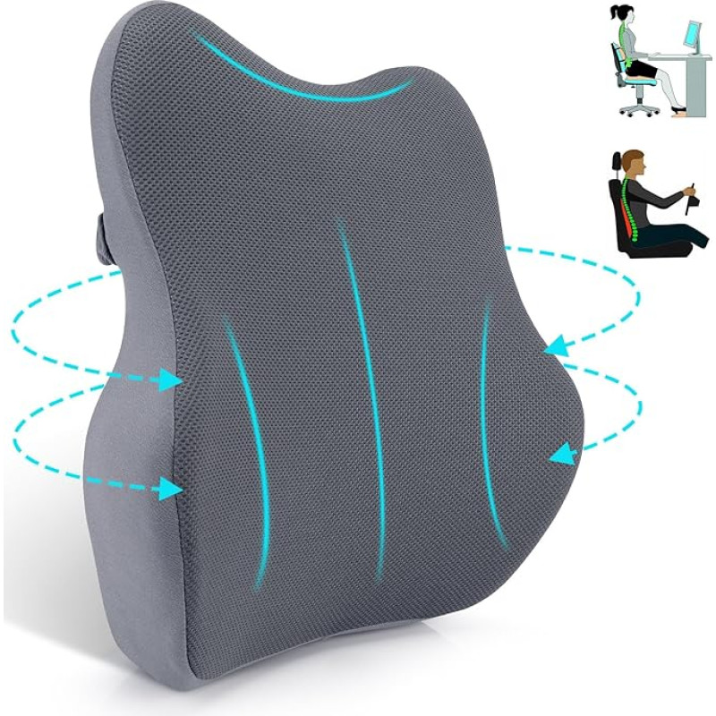 Farerkass Lumbar Cushion Back Cushion, Lumbar Cushion Made of Memory Foam, Ergonomic Lumbar Support, Lumbar Cushion with Mesh, Back Support Cushion for Car Seats, Office Chair, Wheelchair (Light Grey)