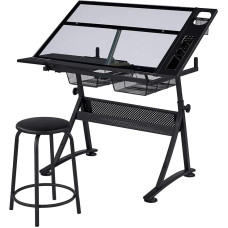 Yaheetech Height-Adjustable Drawing Table Set, Tilting Table Top, Desk, Architect Table with Lots of Storage Space & Stool Desk for Painting/Drawing, Black