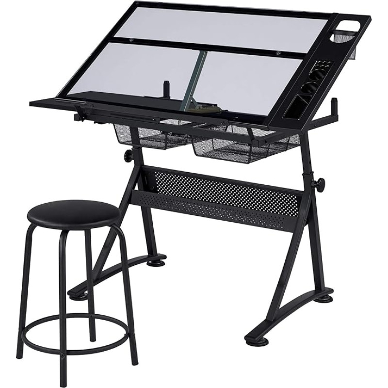 Yaheetech Height-Adjustable Drawing Table Set, Tilting Table Top, Desk, Architect Table with Lots of Storage Space & Stool Desk for Painting/Drawing, Black