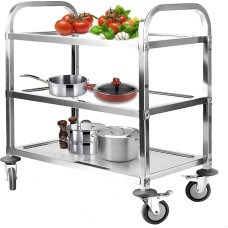 ybaymy 3 Shelves Serving Trolley Stainless Steel Kitchen Trolley 835 x 750 x 400 mm Dining Trolley with Brakes Wheels Load Capacity 110 kg Transport Trolley Service Trolley Trolley for Restaurant