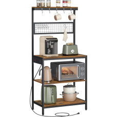 VASAGLE Baker's Rack with Charging Station, 80cm Coffee Bar Stand with Adjustable Storage Rack, Grid Plate, 12 Hooks, Table for Microwave, Kitchen, Rustic Brown and Ink Black UKKS016K01
