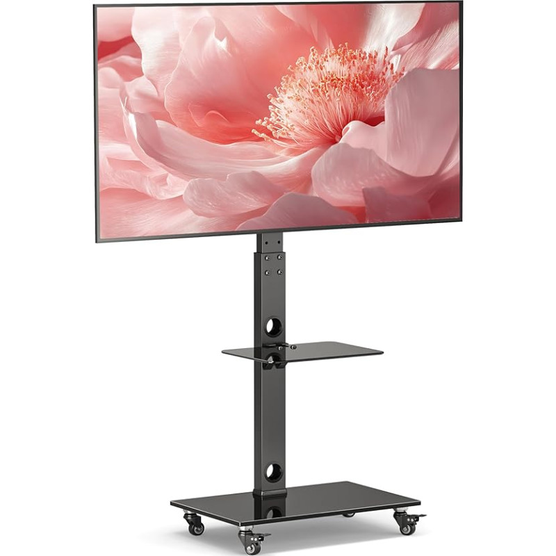 BONTEC TV Stand with Wheels for 30-70 inch Plasma/LCD/LED Screens up to 40 kg, 6 Height Adjustments with 2 Tier Tempered Glass Shelves, MAX VESA 600 x 400 mm