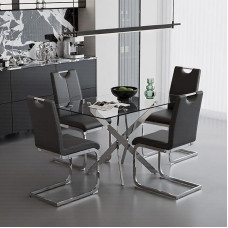 GOLDFAN Dining Table Set 110 cm with 4 Faux Leather High-Backed Chairs, Rectangular Glass Table with 4 Chairs for Kitchen, Dining Room & Living Room (Grey)