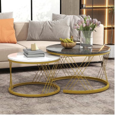 Moderner Nesting Couchtisch-Set aus MDF mit Marmoroptik & goldfarbenem Metallrahmen – Platzsparende 2er-Kombination für Wohnzimmer, Balkon und kleine Räume (70x70x45 cm & 45x45x40 cm)