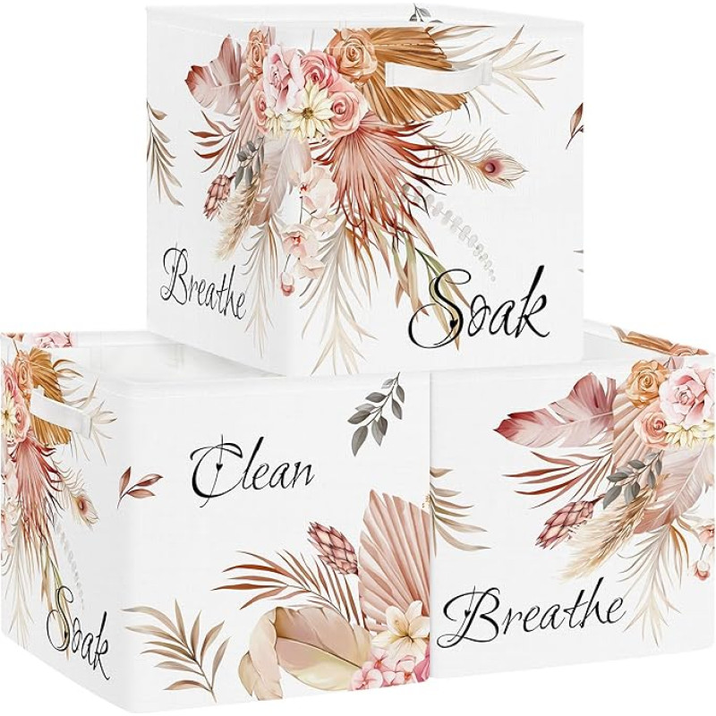 Clastyle Pack of 3 Flower Children's Storage Box Leaves Plants Fabric Women Girls Storage Basket with Handles Toy Storage Cube Organiser for Books Clothing, Boho, 30 x 30 x 30 cm