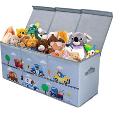 Extra Large Storage Box with Lid Children, Foldable Oxford Toy Box with Handle for Girls Boys, Waterproof Toy Storage in Children's Room, 96 x 32 x 40 cm (Animal Cars)