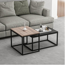 [en.casa] Aabenraa Set of 2 Coffee Tables, Side Tables Made of Chipboard and Metal, Oak/Black