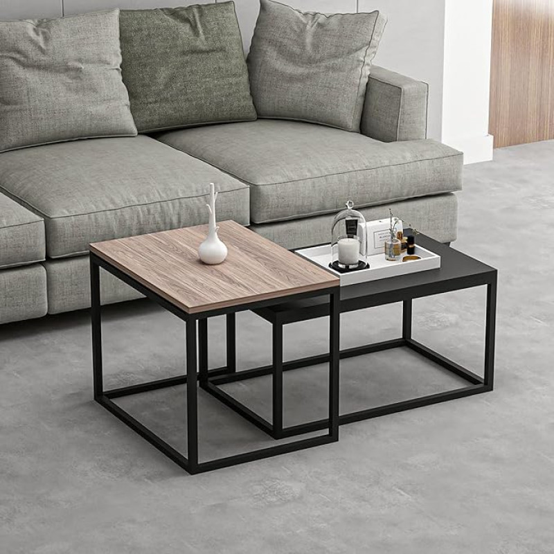 [en.casa] Aabenraa Set of 2 Coffee Tables, Side Tables Made of Chipboard and Metal, Oak/Black