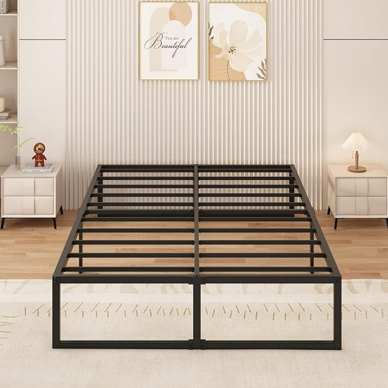 Yicensen Metal Bed 140 x 200 cm with Slatted Frame, Metal 41 cm Height, Double Bed Frame, Sturdy Easy Assembly, Black
