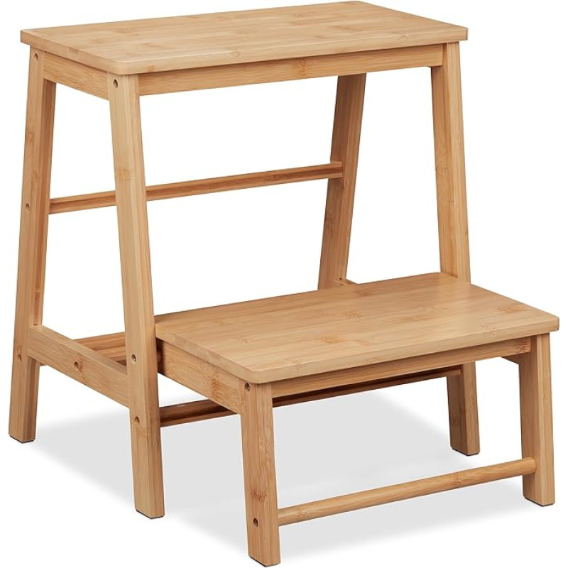 Relaxdays Folding Step Stool, 2 Steps, up to 100 kg, Children, Household, HBT 48 x 45 x 51 cm, Bamboo Folding Stool, Natural