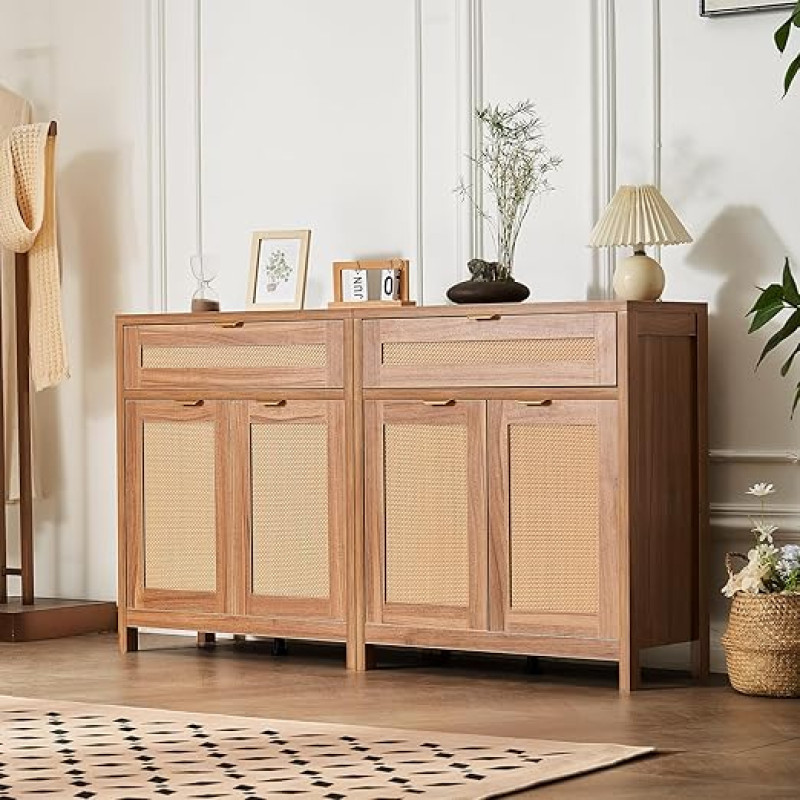 VEVOR Rattan Cabinet Rattan Chest of Drawers 2 Pieces Storage Cabinet with 4 Magnetic Doors and 2 Drawers Sideboard Buffet Cabinet with Adjustable Shelves Ideal for Hallway Entrance Area Living Room
