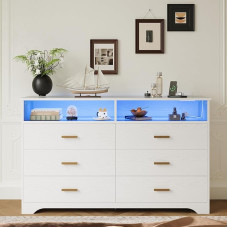 IRONCK Chest of Drawers White with 6 Drawers, Comode Cabinet with LED Strips and 2 Sockets, 1 USB + 1 Type C Port, Drawer Cabinet for Bedroom, Living Room, Study Room, Hallway, 150 cm Width