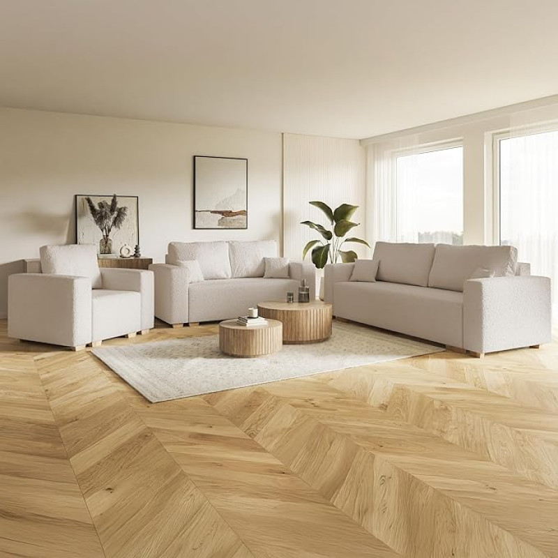 MOTIVENA Viego Sofa Set, Sofa Set 3 2 1 Living Room, Sofa 3 2 1 Set, Couch Set, Futon Set, Living Room Couch Set, Couch 3 2 1 Set, Pocket Spring (H3), Boucle Sofa Beige (Cream)