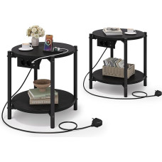 IRONCK Round Side Table, Coffee Table with Socket, Small Wooden Table, Living Room Table, 2 Shelves, Sofa Table, USB & Type-C Connection, Metal Frame, Bedside Table for Bedroom (2, Black)