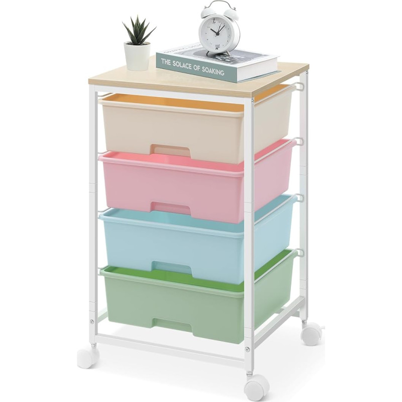 SYKIARIOL 4 Drawers Trolley, Storage Trolley, Bathroom Trolley on Wheels with Wooden Table Top, Rolling Trolley for Kitchen, Living Room, Bedroom, Easy Movement, Large Capacity, 4 Drawers, Colourful