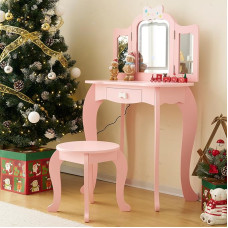 LALAHO Kids Dressing Table with LED Lighted Stool Dressing Table for Girls with Drawer (Pink3)
