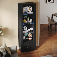 SUNXURY Living Room Display Cabinet Standing Display Cabinet Storage Cabinet Glass Display Cabinet Black Living Room Cabinet 550 x 350 x 1720 mm with Blue LED Lighting