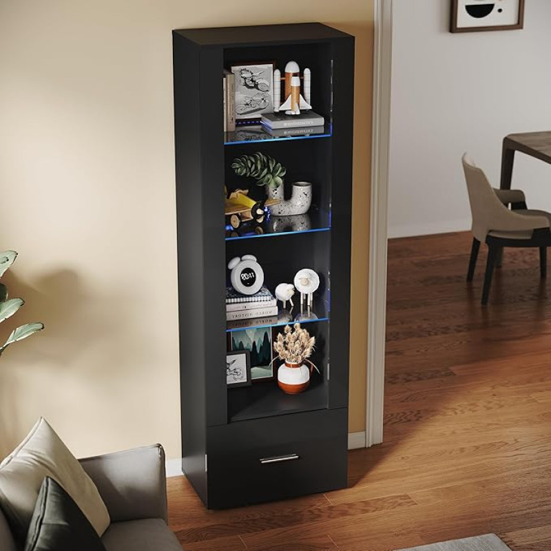SUNXURY Living Room Display Cabinet Standing Display Cabinet Storage Cabinet Glass Display Cabinet Black Living Room Cabinet 550 x 350 x 1720 mm with Blue LED Lighting