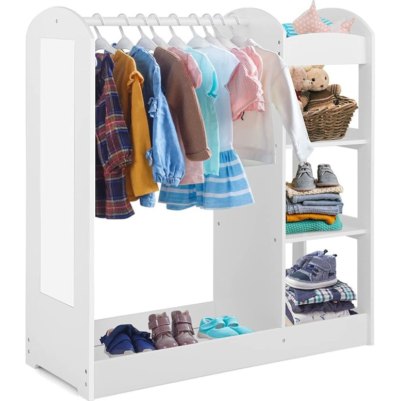 COSTWAY Children's Wardrobe with Mirror, Prince Princess Clothes Rack with Hanger and 4 Shelves, Children's Wooden Wardrobe, 93.5 x 38 x 100 cm (White)