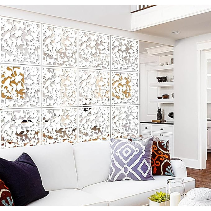Lchen Hanging Room Divider, 12 Pieces PVC Panel Bird Flower Room Divider for Living Room, Dining Room, Living Room, Hotel and Bar Decoration (White 01)