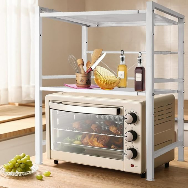 Kedia Expandable Microwave Shelf, Microwave Holder Kitchen Shelf with Hooks, Baker's Rack, Microwave Stand (40-64 x 36.5 x 78 cm, White)
