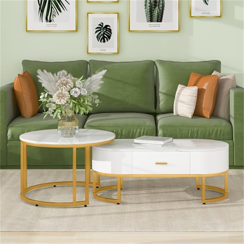 The 2-piece set of white coffee table with elegant top and metallic gold frame, sofa side table with storage space is perfect for use in the living room
