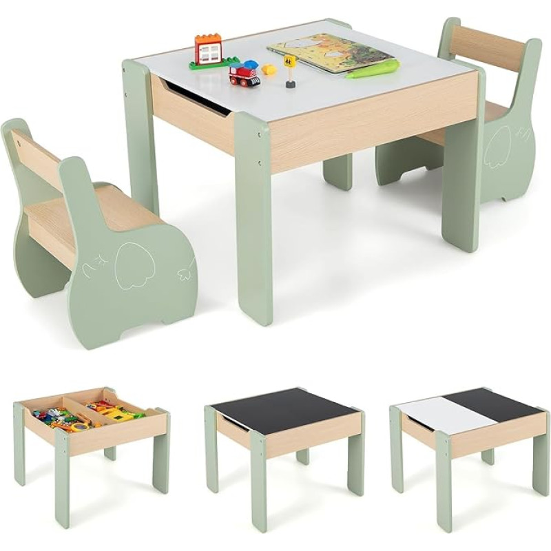 FANTASK Children's Table with 2 Chairs, 3-Piece Children's Wooden Furniture Set with Reversible & Removable Table Top