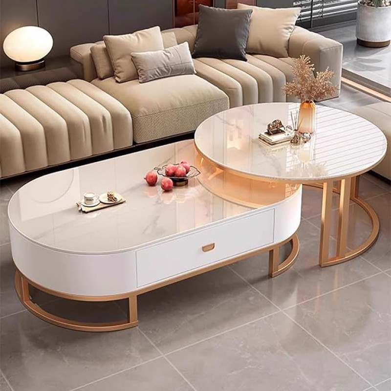 Modern Oval Stone Coffee Table, Set of 2, Nesting Tables with Steel Frame for Living Room and Bedroom, Round Design, Size: 70 x 45 cm + 100 x 50 x 38 cm, Stylish & Functional