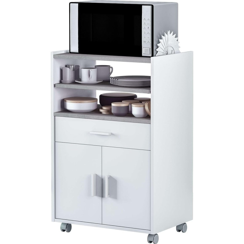 Extra Microwave Kitchen Table with Drawer and Two Doors White and Cement Colour Dimensions: 92cm (H) x 59cm (W) x 40cm (D)